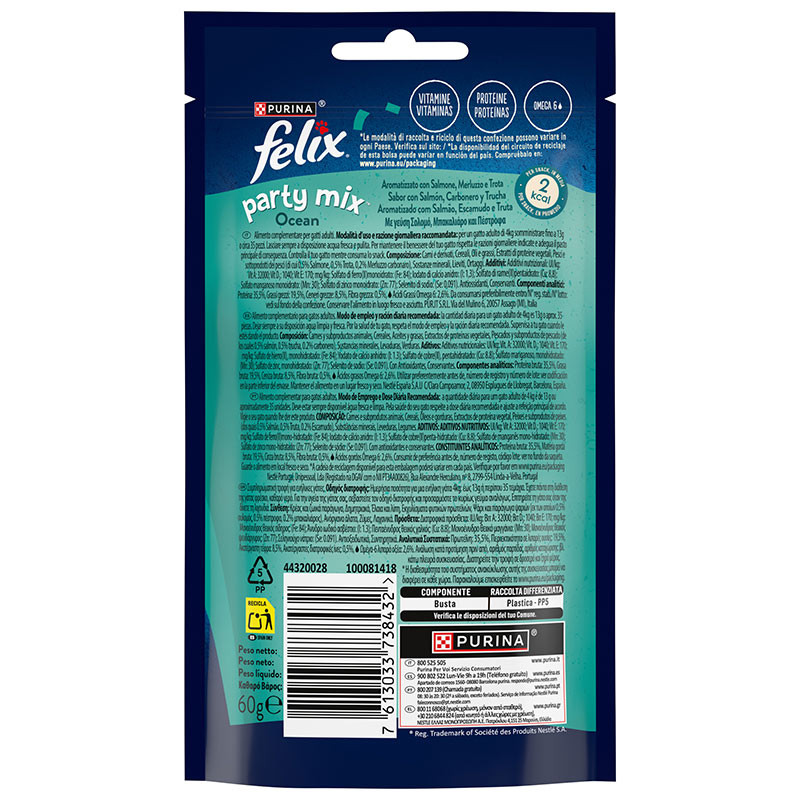 Felix Party Mix Ocean – Snacks para Gatos con Sabor a Salmón y Trucha 8x60g