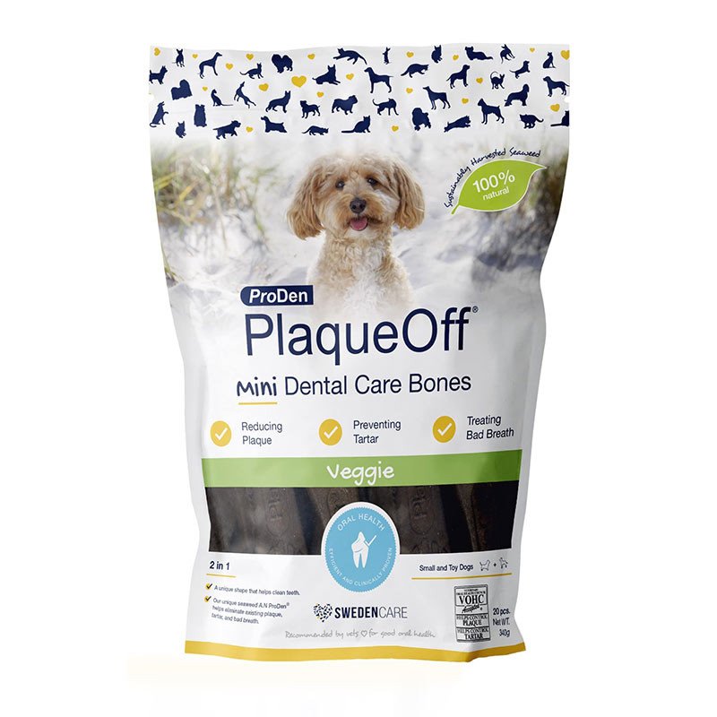 Plaque Off Mini Bones Veggie 340g – Higiene Dental para Perros Pequeños