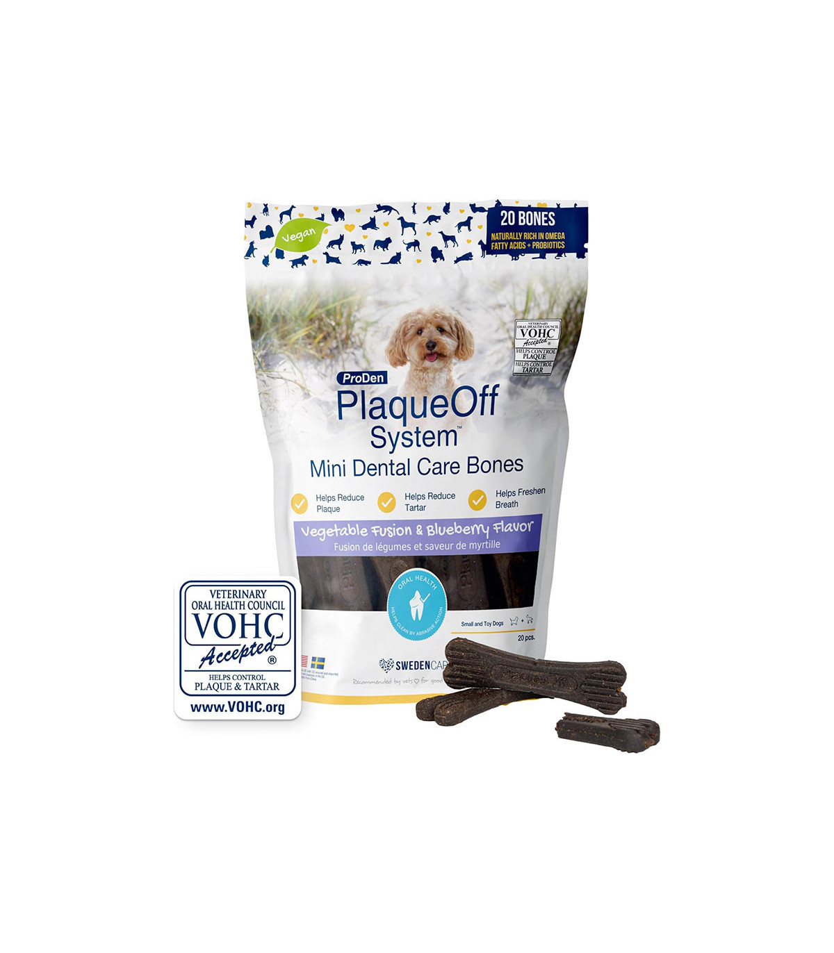 Ossos Mini Plaque Off Blueberry 340g – Ossos dentais para cães pequenos