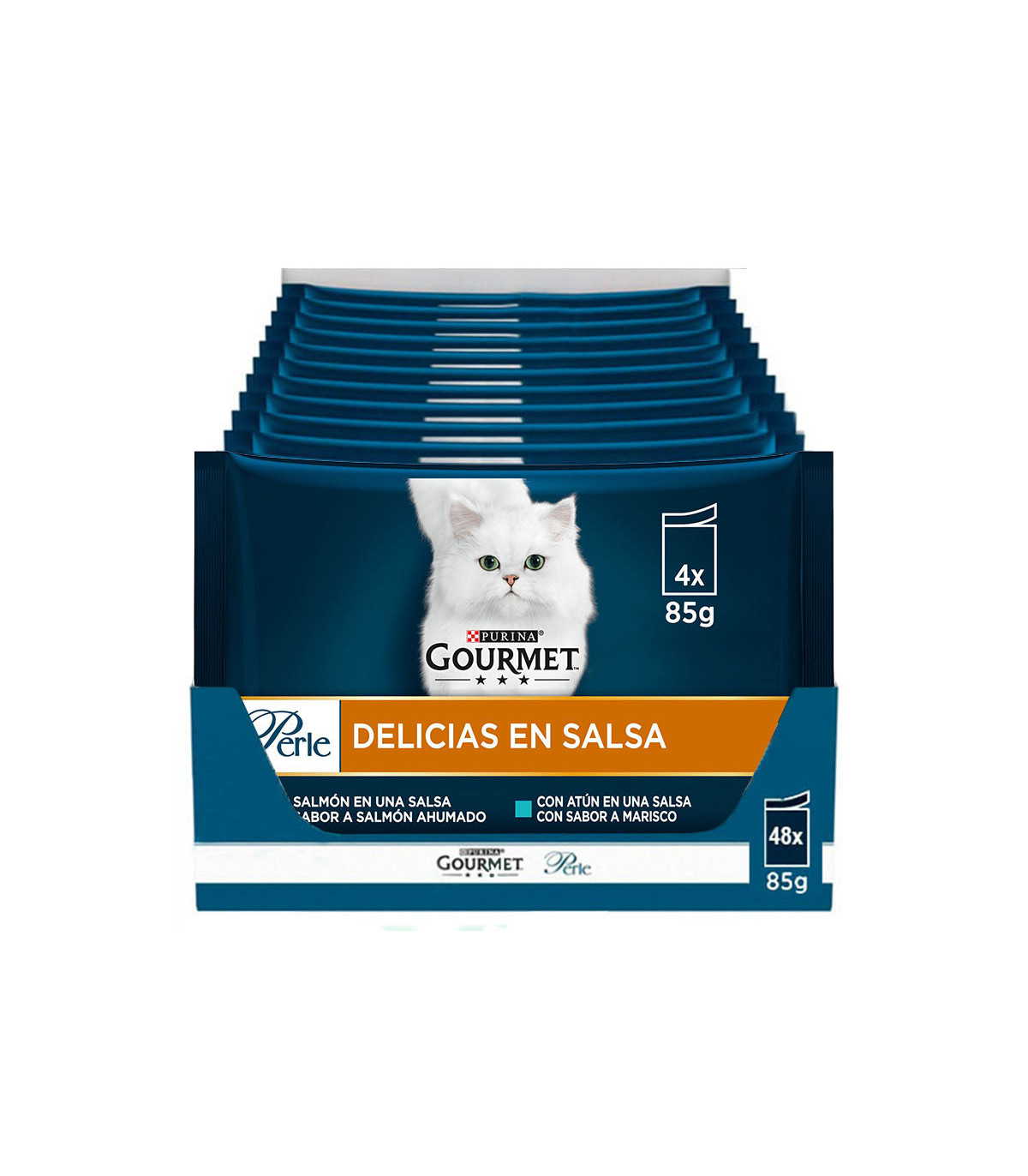 Gourmet Perle Delights em Salsa Salmon e Tuna - Pacote com 12x(4x85g)