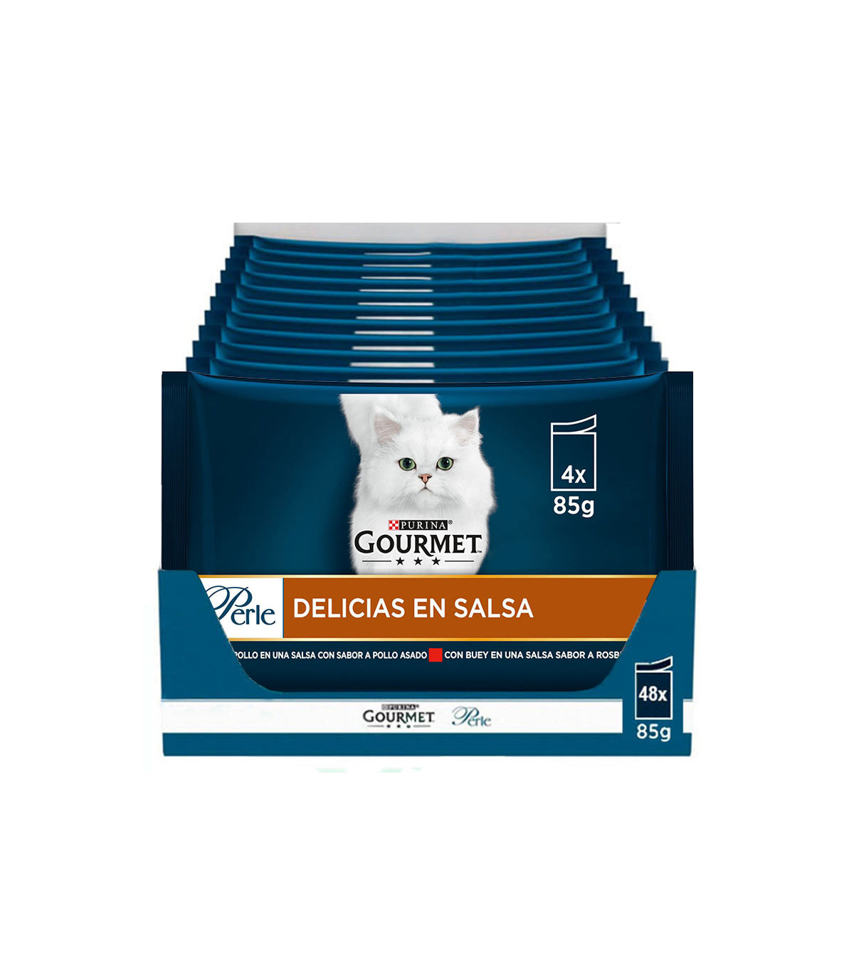 Gourmet Perle Delicacies em Salsa Pollo e Buey - Pacote com 12x(4x85g)
