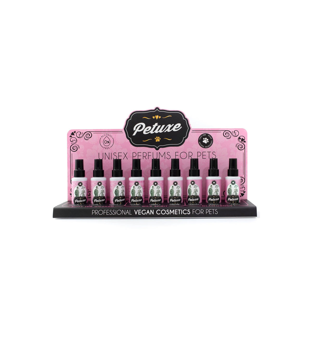 Expositor PETUXE Perfumes para mascotes9 x 100 ml) - Fragrâncias duráveis 72h