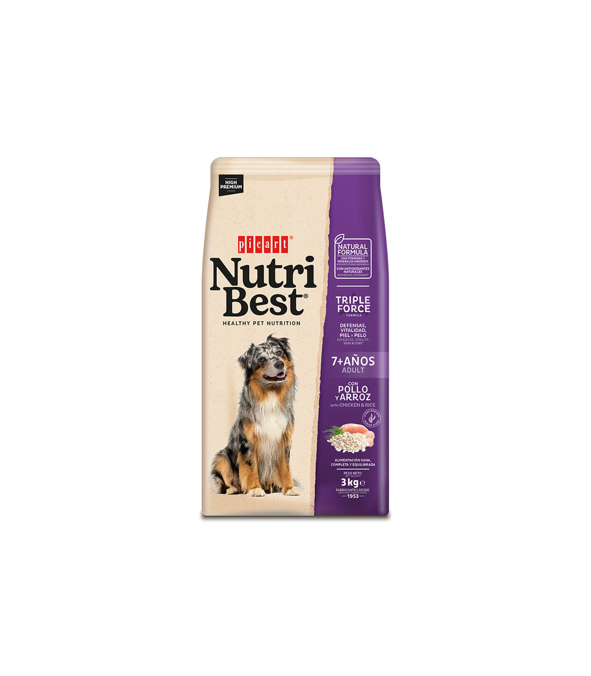NUTRIBEST Adult 7+ 3KG 日本語 Feed Senior 日本語 Pollo y Arroz
